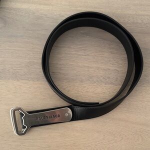 Balenciaga Black Leather Belt with Silver Buckle